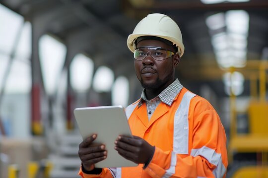 Civil engineer African American man wearing uniform and hard hat holding tablet with info about the building and architecture