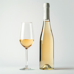 wine bottle with white wine glass standing in style of advertising photoshoot, isolated on white clean background сreated with Generative Ai