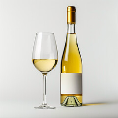 Fototapeta premium wine bottle with white wine glass standing in style of advertising photoshoot, isolated on white clean background сreated with Generative Ai