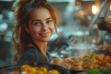 Close up shot of young woman shief cook in the kitchen,
