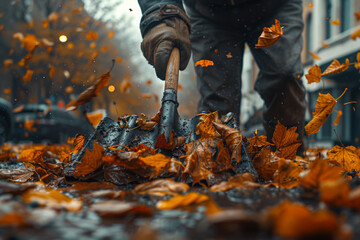 A person wielding a rake to gather fallen leaves and debris, maintaining a tidy garden space. Concept of yard cleanup.  Generative Ai. - obrazy, fototapety, plakaty