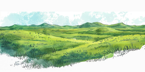 Green grass field on small hills. Meadow, alkali, lye, grassland, sketch illustration. - obrazy, fototapety, plakaty