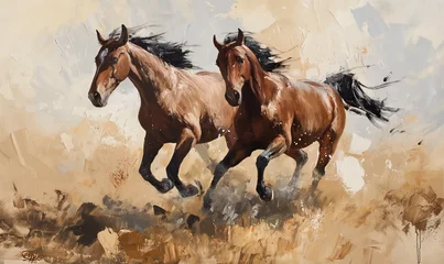 Fotobehang A pair of horses running side by side, their fur ruffled by the wind, with a background that is abstract and textured, creating an oil painting effect, Generative Ai © Goodhim