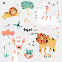 Hand drawn childish safari animal set in boho style, nursery pattern with boho rainbow, cute zebra, lion, tiger, giraffe, tree, cloud suitable for children product design