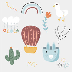 Hand drawn Childish Pattern in boho Style, nursery pattern with boho rainbow, little duck, hot air balloon, nursey cloud, cactus and bunny basket suitable for children product design 