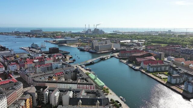 Copenhagen: Aerial view of capital city of Denmark, Port of Copenhagen (K&oslash;benhavns Havn) area, sunny day with blue sky - landscape panorama of Europe from above
