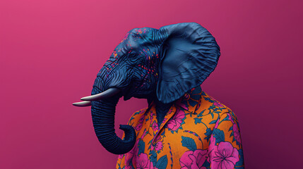 Obraz premium Colorful cartoon elephant head in men's summer clothes.