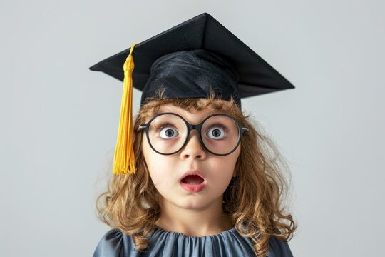 little kid in a graduation cap with bulging big eyes on white background.