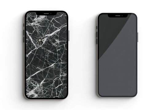 smartphone mock up black screen with broken screen isolated on a white background
