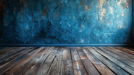 Empty Room With Blue Wall and Wooden Floor