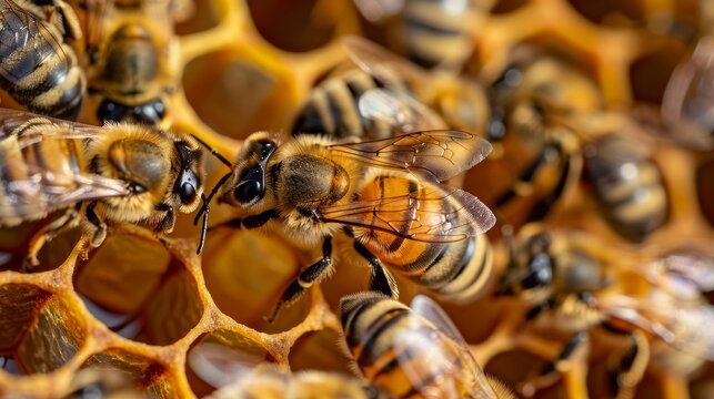 A close-up of the queen bee (Apis mellifera), marked with a vibrant dot on her thorax, surrounded by attentive worker bees inside the bustling hive. Honeycomb cells in the background