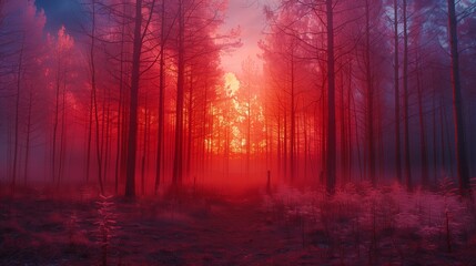Red Fog Engulfs Forest Trees
