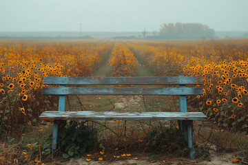 A blue bench placed in front of a vast field of bright sunflowers