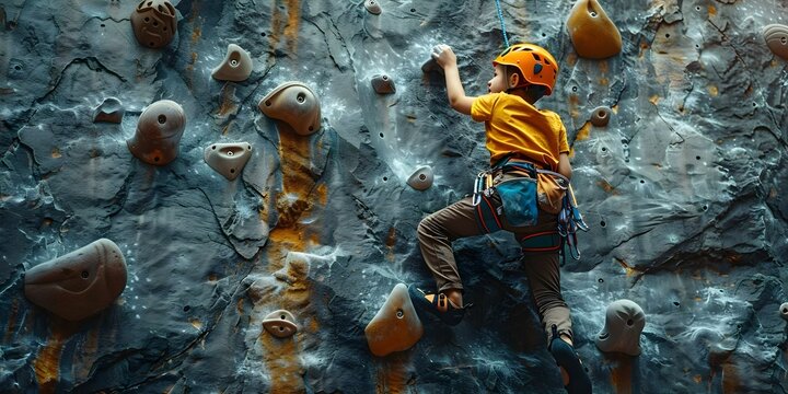 Scaling a Rock Wall: A Young Athlete in Climbing Gear Safely Ascends. Concept Rock Climbing, Athletic Youth, Safety Gear, Scaling Heights, Adventure Sport