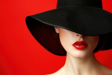 Fashion portrait of a woman with face hidden by elegant black hat and bright red lips