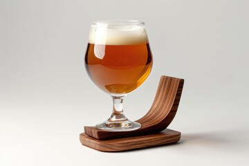 glass of foamy beer on a wooden stand isolated on white background