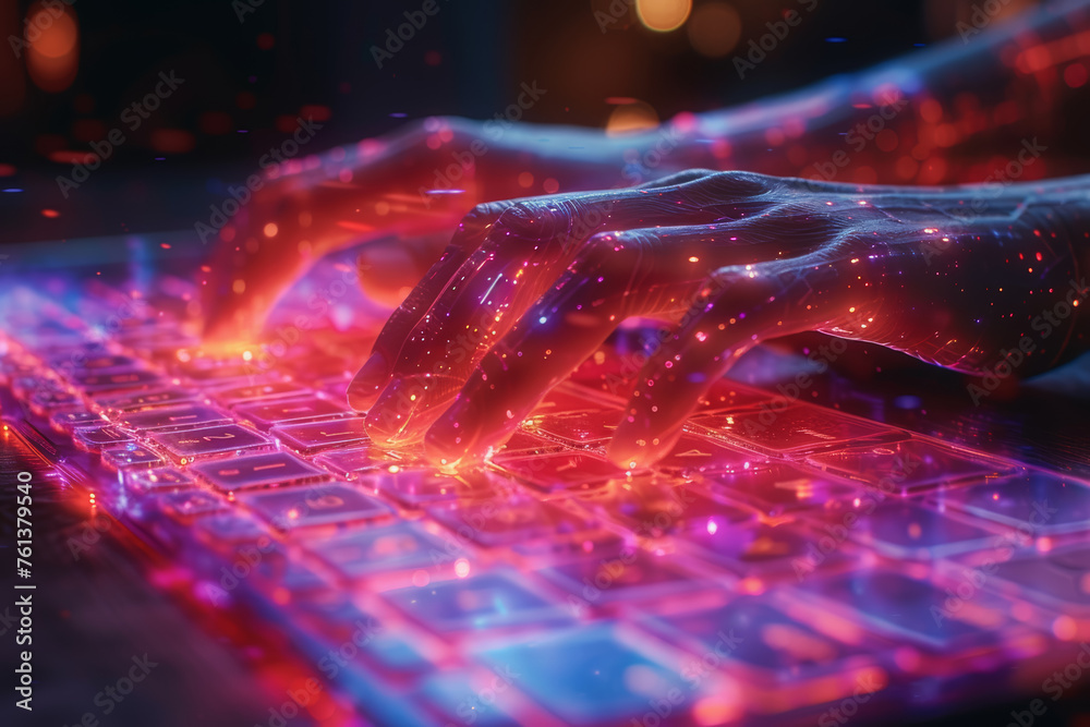 Poster hands typing swiftly on a holographic keyboard, creating a futuristic visual of digital communicatio