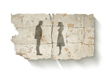 a man and woman separated on a piece of old wall on a white background, divorce concept