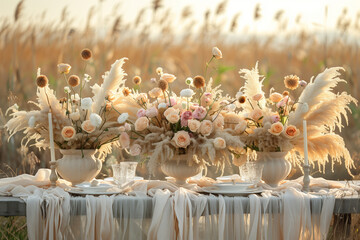 White table outdoors adorned with vases filled with colorful flowers  in a field