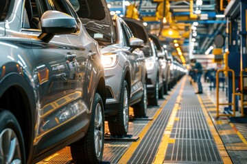 Mass production assembly line of modern cars in a busy factory