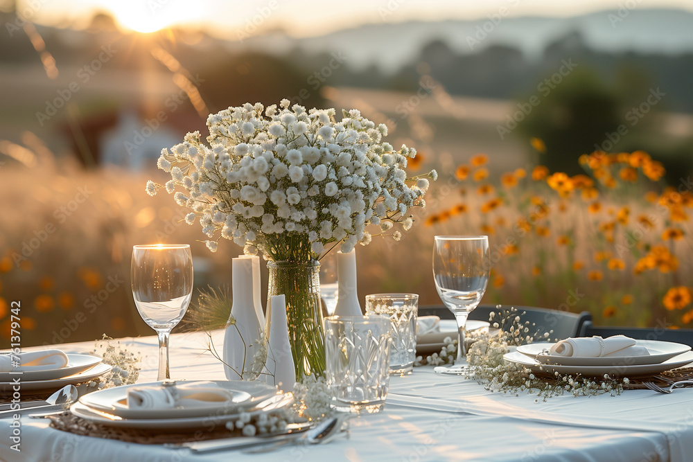 Wall mural white table adorned with a vase of colorful flowers with view of the mountains