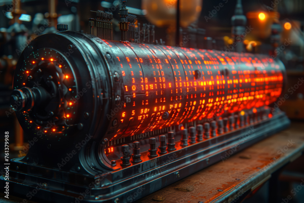Poster a morse code machine tapping out messages with blinking lights, showcasing the historic method of co