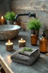 Towels and candles neatly placed on a bathroom table, spa massage products, wellness