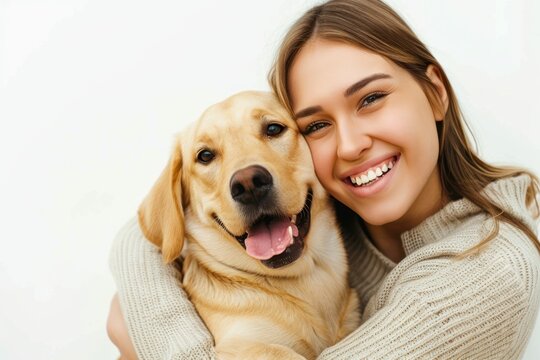 The portrait happy female owner with her little cute dog, hugging on a white background copy space