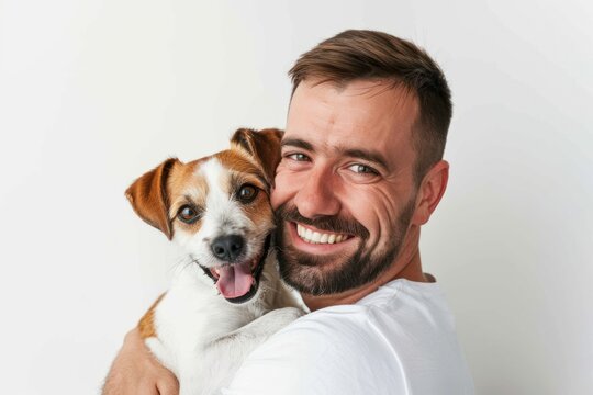 The portrait happy male owner with his little cute dog, hugging on a white background copy space