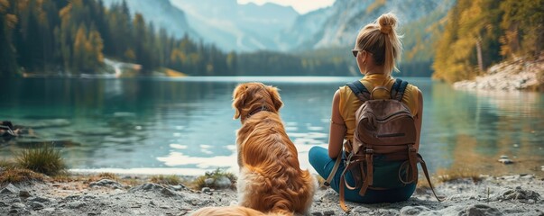 back view of unrecognizable female tourist sitting on the floor looking at the lake with cute calm dog