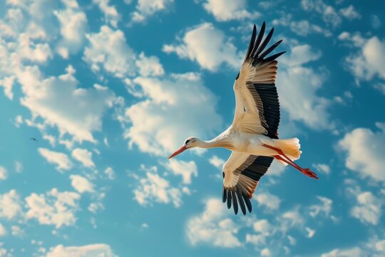 a stork flies a blue sky with clouds