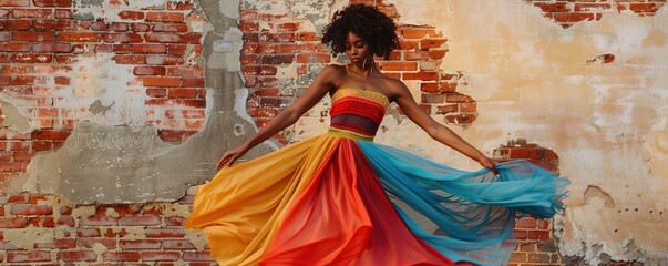Black contemporary dancer moves on floor in colorful skirt
