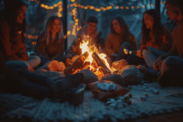 A group of people sitting around a fire, with one person holding a cell phone - obrazy, fototapety, plakaty