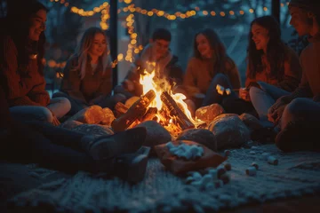 Fotobehang A group of people sitting around a fire, with one person holding a cell phone © руслан малыш