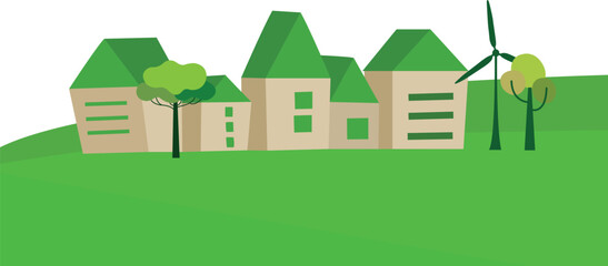 Vector row of green houses on a summer graph. Eco-houses of the summer period for an eco-company on a summer background. Vector illustration eps 10