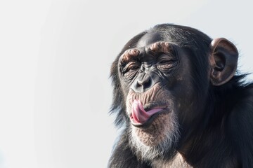 Funny chimpanzee winking and sticking out tongue with copy space for text on solid white background