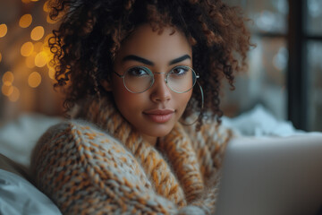 A woman is laying on a bed with a laptop in front of her