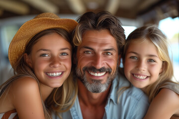 Obraz premium A man and two children are smiling for the camera