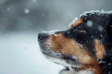 portrait of a frozen cute dog snow blured screet background