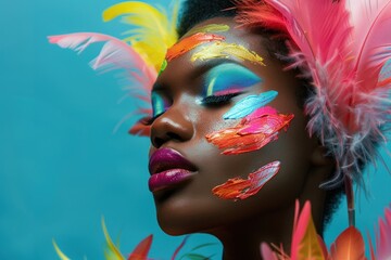 portrait of a beautiful african american woman with painted face and colorful feathers, abstract colorful makeup