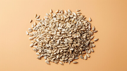 commercial stock flat lay photo of small pile of about five raw white sunflower seeds against light tan background сreated with Generative Ai