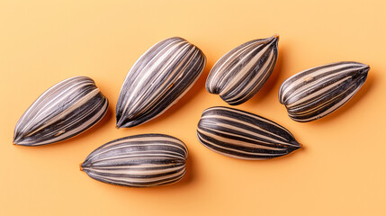 commercial stock flat lay photo of small pile of about five raw white sunflower seeds against light tan background сreated with Generative Ai