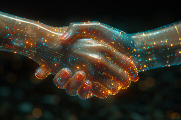 A holographic handshake between diverse individuals, symbolizing digital collaboration and unity in communication. Concept of virtual partnerships. Generative Ai.