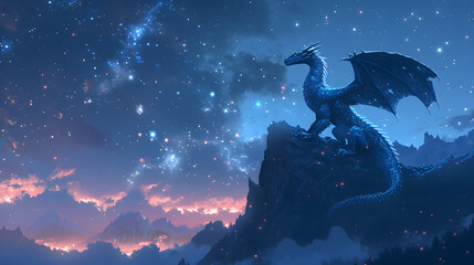 Perched atop rugged cliffs, a majestic sapphire dragon gazes into the cosmos, with the vast starry night as its backdrop, creating an awe-inspiring scene.