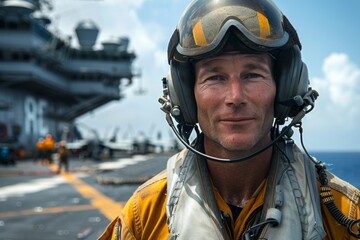 Naval aviator in full gear standing on aircraft carrier deck