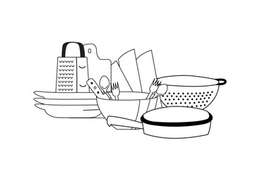 Group of objects mess composition. Linear cooking utensils: grader, cutting board, bowls, plates, pan.