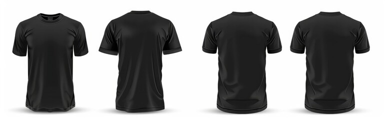 Four black T-shirts in row front and back, banner, for advertising and lettering, copy space, template, mock up, mockup - obrazy, fototapety, plakaty