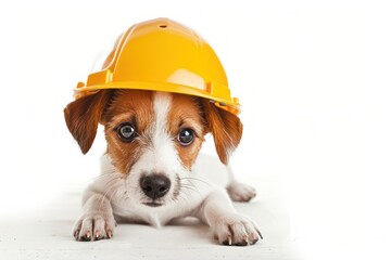 Jack Russell Terrier dog in a builders helmet
