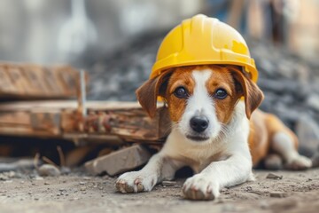 Jack Russell Terrier dog in a builders helmet