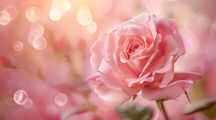 A pink rose is the main focus of the image, with a blurry background